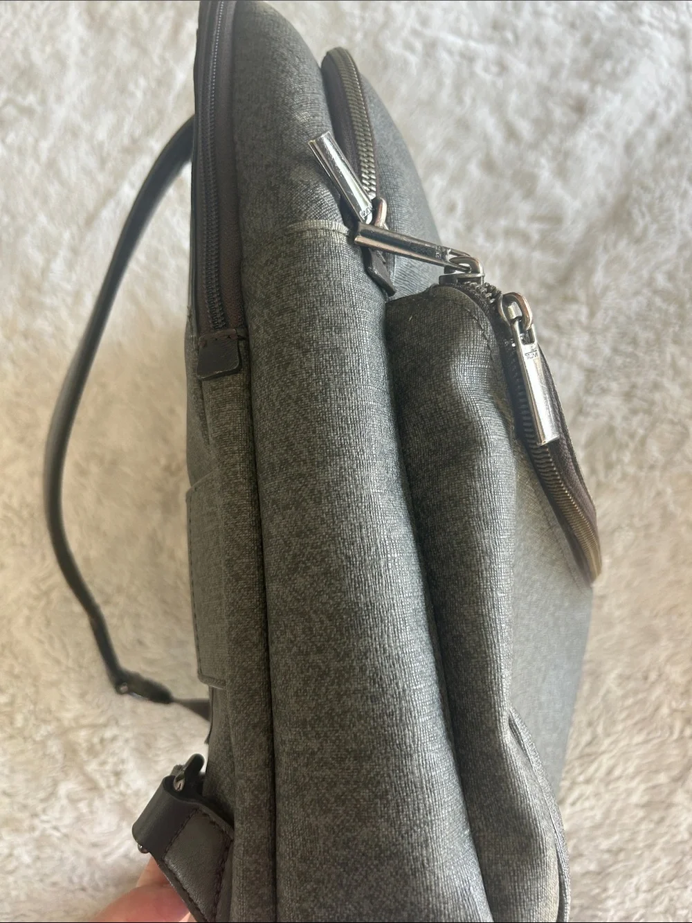 Tumi Gray Backpack with Leather Trim and Monogram Tag